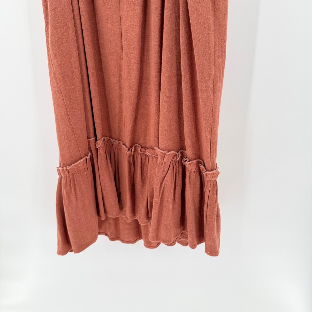 HEM & THREAD Linen Blend Tie Strap Ruffle Mini Dress Rust Large New With Tags - Picture 3 of 11